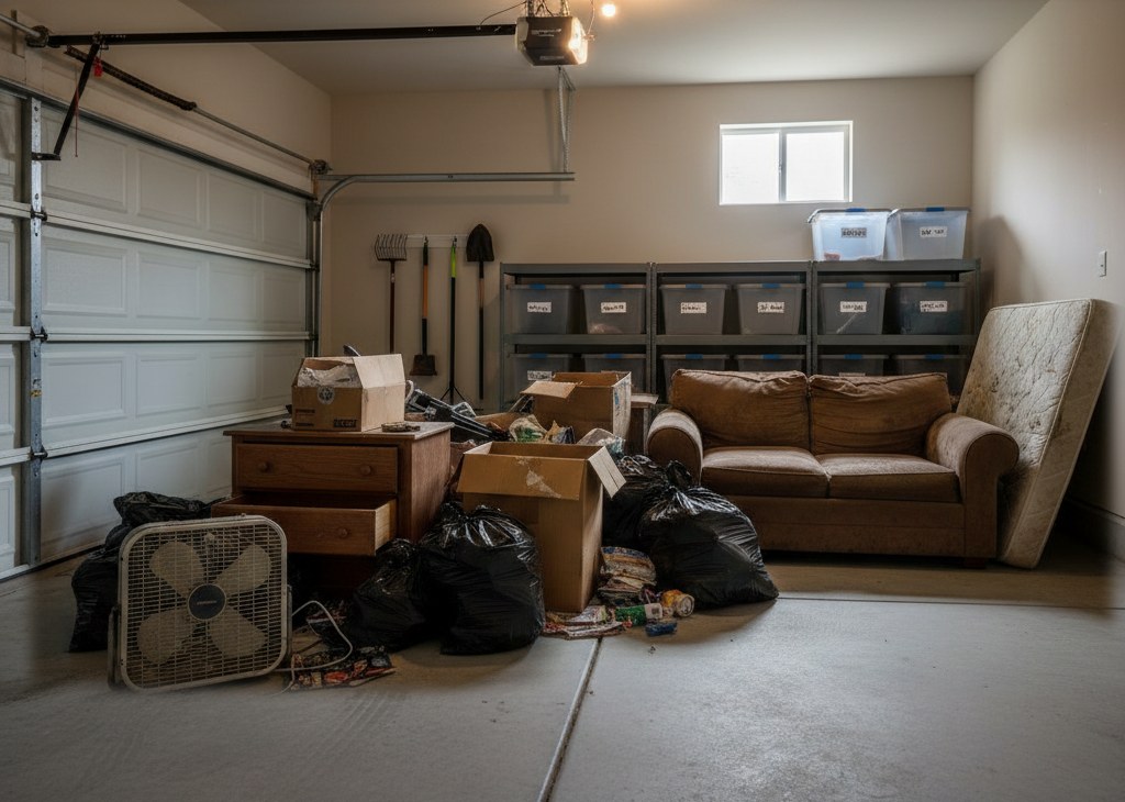 A Chattanooga garage packed with old furniture and household clutter before junk removal