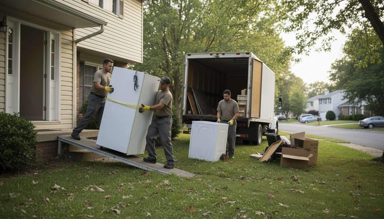 Workers removing refrigerator and appliances from residential home