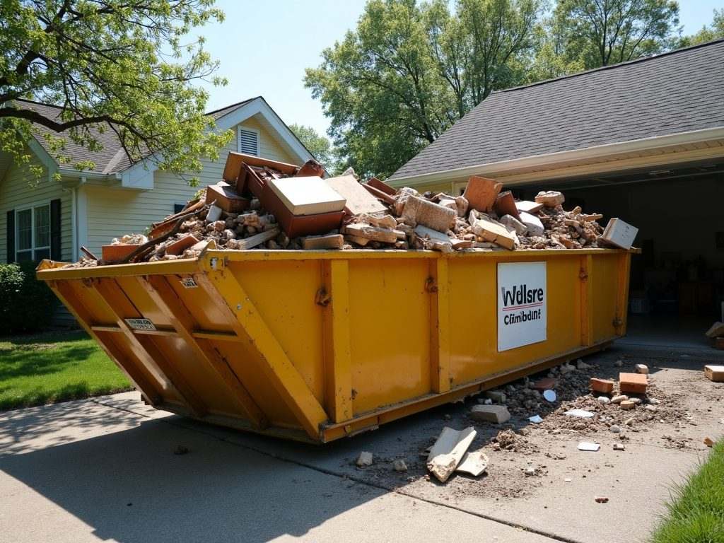 Roll-off dumpster in a driveway, illustrative example of a rental container