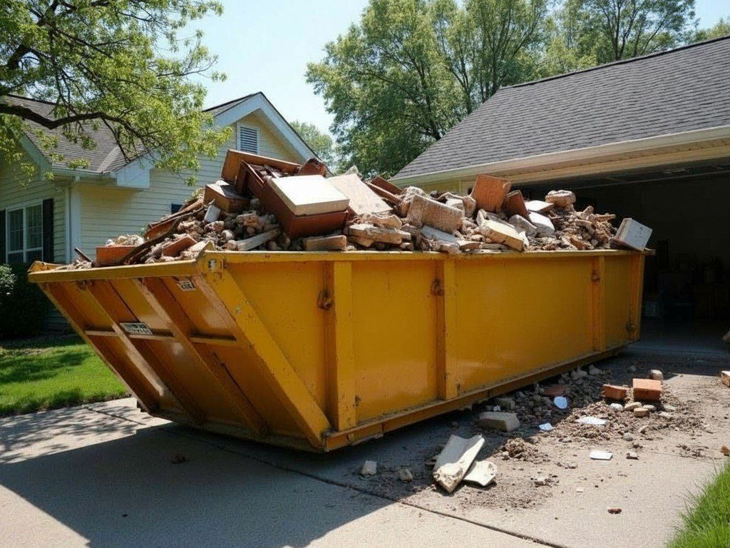 Roll-off dumpster in a driveway being loaded with debris and old furniture
