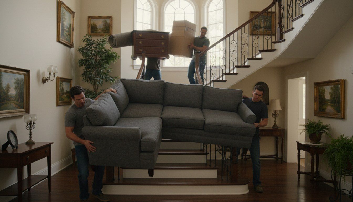 Movers carrying sectional sofa and furniture down stairs from home